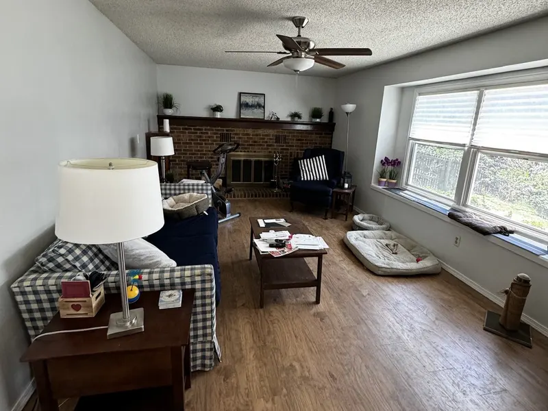 Family room before prep: dark brick fireplace, cluttered furniture, and pet beds