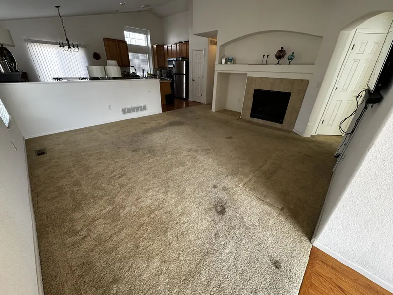 Living room before pre-listing prep: stained, worn carpet and bare walls